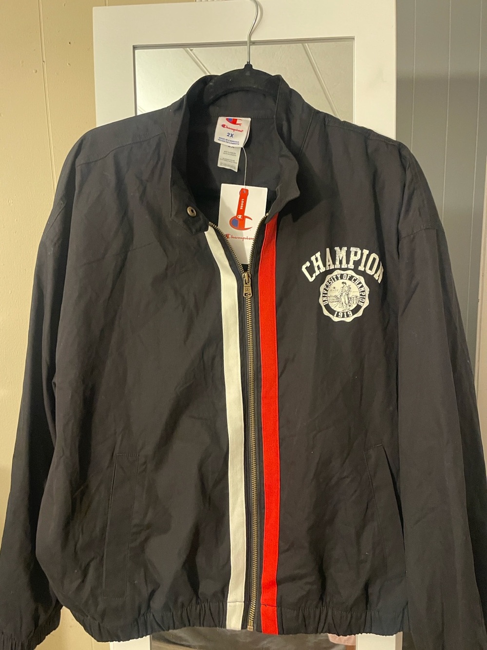Champion Black Windbreaker with Red & White Center Stripes
